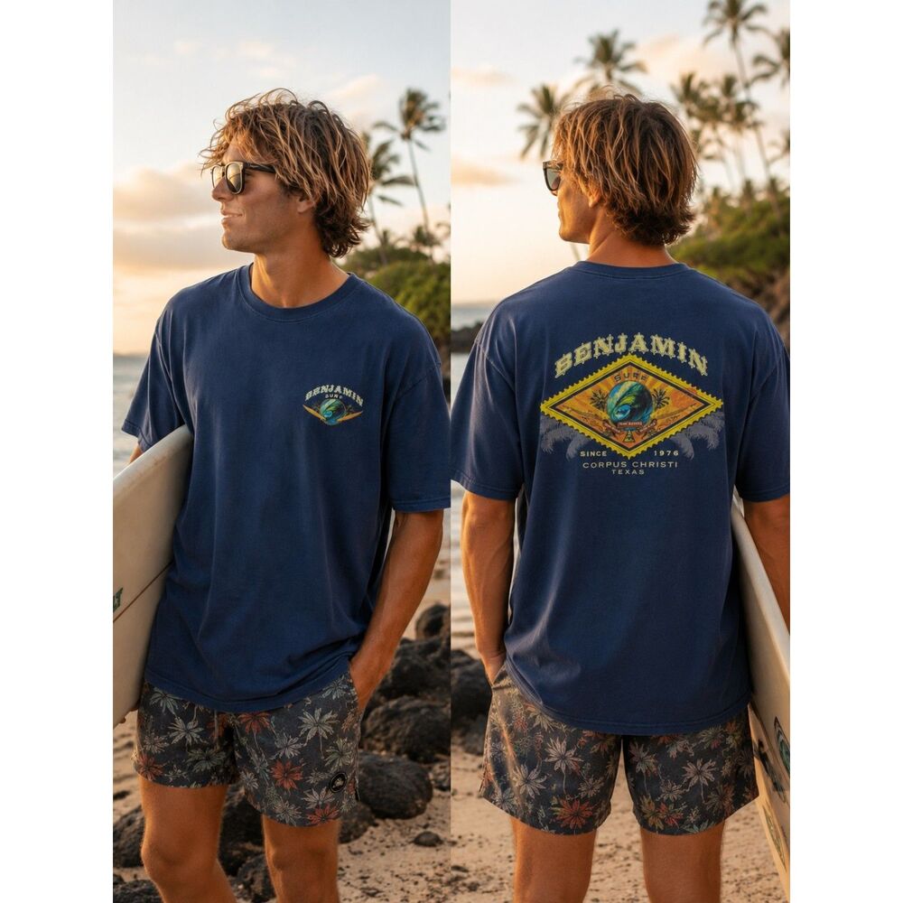 Benjamin Surf Corpus Christi Texas Graphic T Shirt Blue 2XL Coastal Classics